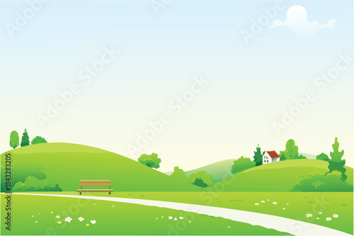 a peaceful countryside scene with rolling green hills a path and a