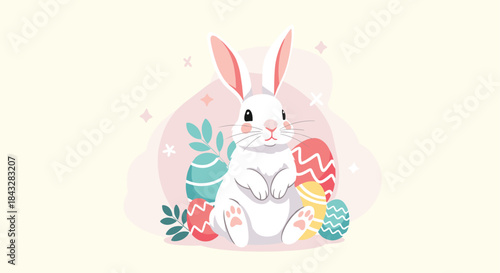 A beautiful Easter illustration featuring an adorable white bunny surrounded by colorful decorated eggs, leaves, and sparkling stars.