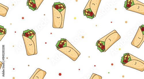 A cute and seamless pattern of happy cartoon burrito characters with smiling faces, scattered with colorful dots on a plain white background.