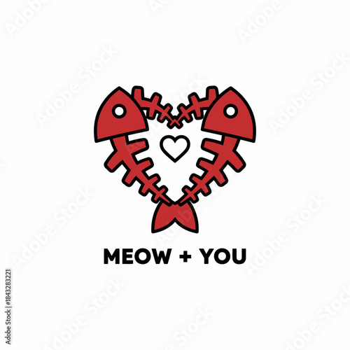 Red and white heart with meow plus you text cat love icon perfect for pet owner feline affection romantic animal lover or playful relationship design