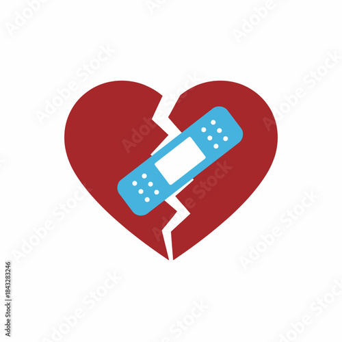 Red broken heart with blue bandage healing relationship icon perfect for heartbreak recovery mending emotional repair or love restoration design