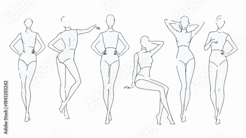 Set of fashion croquis with female body outlines in various poses
