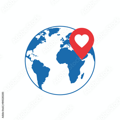 Blue earth globe with red heart location pin love world icon perfect for global compassion international charity worldwide unity or planetary care design