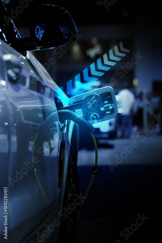 Power cable pump plug in charging power to electric vehicle EV car.