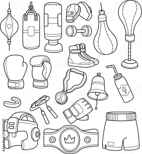 This is a black and white line art illustration featuring a comprehensive set of boxing and fitness equipment.