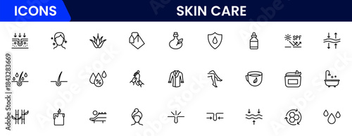 Skin care line icons set. Moisture cream, acid, anti wrinkle serum, creamed, collagen. Pixel perfect, minimalistic web and UI icon.