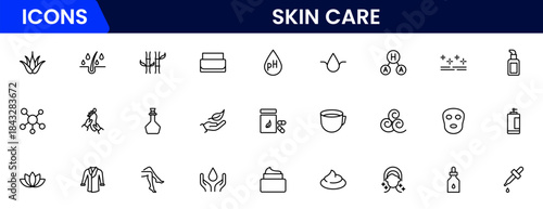 Skin care line icons set. Moisture cream, acid, anti wrinkle serum, creamed, collagen. Pixel perfect, minimalistic web and UI icon.