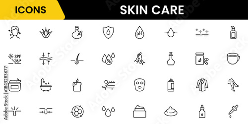 Skin care line icons set. Moisture cream, acid, anti wrinkle serum, creamed, collagen. Pixel perfect, minimalistic web and UI icon.