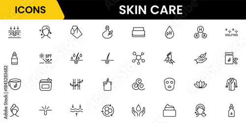 Skin care line icons set. Moisture cream, acid, anti wrinkle serum, creamed, collagen. Pixel perfect, minimalistic web and UI icon.