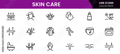 Skin care line icons set. Moisture cream, acid, anti wrinkle serum, creamed, collagen. Pixel perfect, minimalistic web and UI icon.