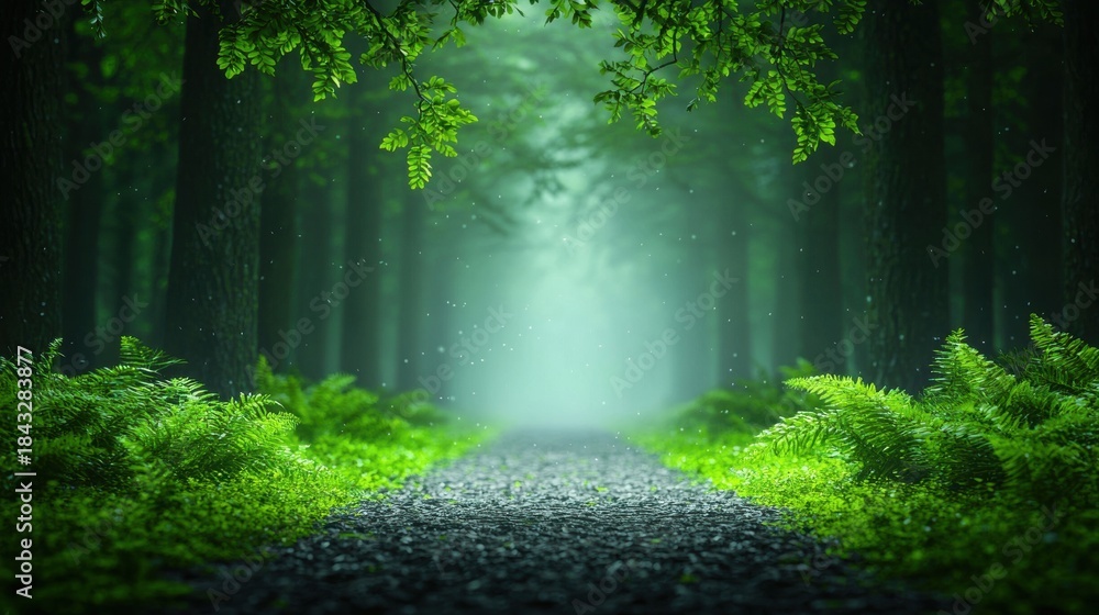 Fototapeta premium Quiet Peaceful Foggy forest path, soft light filtering through the trees, mysterious and peaceful atmosphere, invites exploration and contemplation