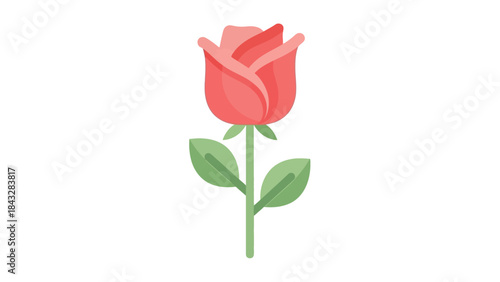 Single red rose with green stem and leaves on a white background.