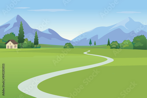 a peaceful landscape featuring a winding path green fields and distant mountains high quality