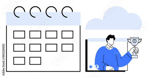 Calendar next to a virtual participant holding a trophy on a screen, emphasizing organized scheduling and remote participant recognition. Ideal for event management, productivity, awards, virtual