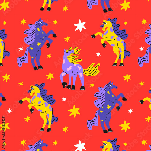 Colorful Chinese New Year of the horse 2026 seamless pattern. Doodle style flat vector pattern.