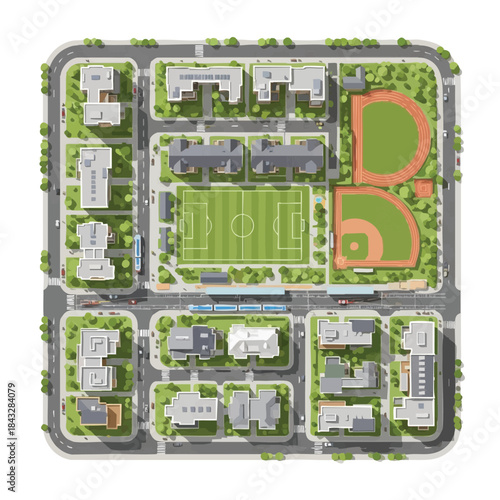 Top view of a modern urban neighborhood with residential buildings and sports fields.
