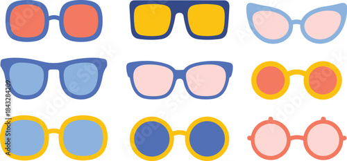 Set of Nine Colorful Flat Design Sunglasses Icons Vector Illustration Featuring Diverse Retro and Modern Shapes for Summer Fashion Graphics.
