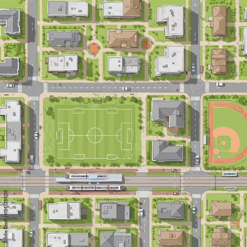 An aerial view of a suburban neighborhood featuring a soccer field, baseball diamond, and a light rail train.