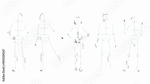 Set of five basic human figure drawing guides with skeletal sketches in various poses