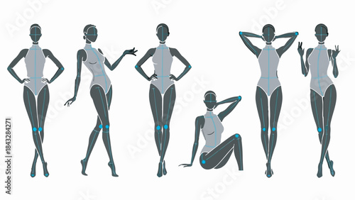 Collection of six stylized female vector figures in various poses with blue highlighted articulation points, isolated on white background