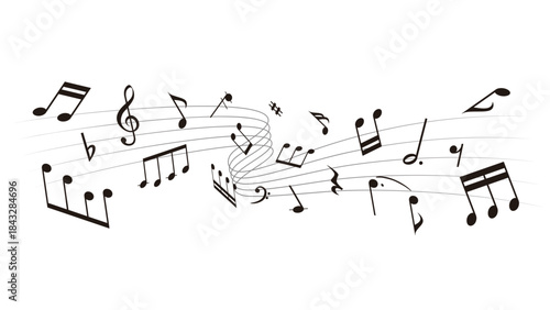 Wavy music sheet: background vector illustration of musical notes lined up on staff notation