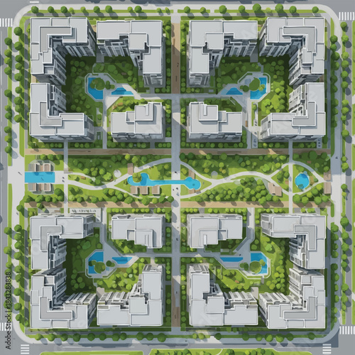 Aerial view of a modern residential complex with U-shaped buildings surrounding courtyards, green spaces, and water features.