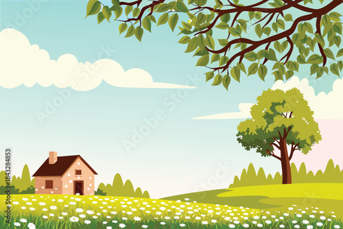 A peaceful countryside scene with a small house among trees and flowers high quality