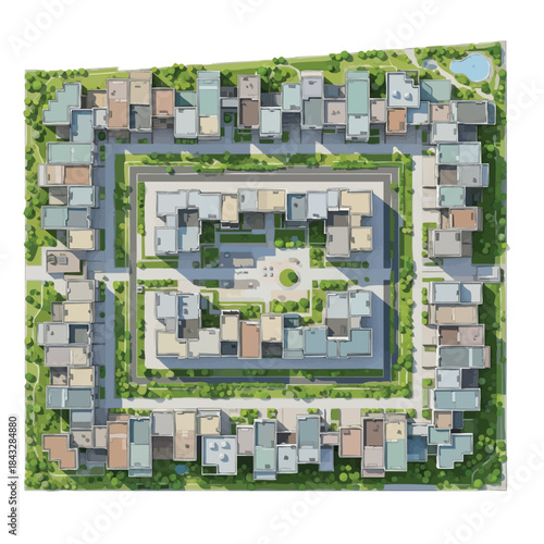 Aerial view of a modern residential complex with a central courtyard and surrounding buildings, showcasing urban planning and green spaces.
