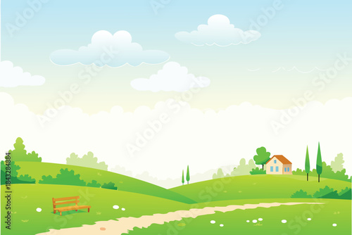 a serene green landscape with fluffy clouds and a small house on