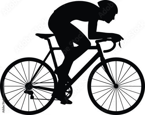 Active Cyclist Silhouette Riding Road Bike Uphill at Sunset, Fitness, Mountain Cycling, Health, Sport, Leisure, Adventure, Bicycle Training, Vector Illustration, Isolated on White.