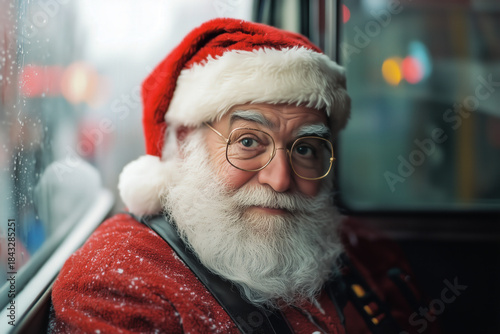 xmas santa claus in public bus train, celebrate, christmas, christian, x-mas, noel, nativity, holiday, photorealistic