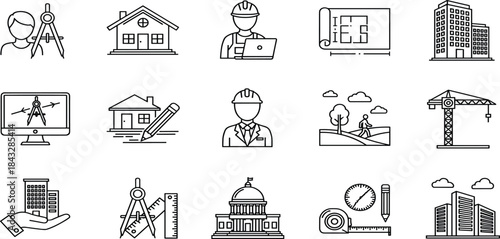 Architecture, Engineering, Construction, Building Design, Blueprint Plan, Urban Planning, Landscape Design, Surveyor Tools, Real Estate, Capitol Icons Set