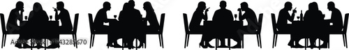 A continuous black silhouette of diverse groups of people meeting, dining, and talking around a table, symbolizing business, social gatherings, and communication.