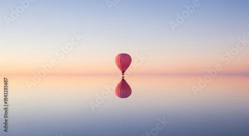Pink hot air balloon flying over Salar de Uyuni salt flats in Bolivia at sunset. Minimalist dreamy landscape with perfect water reflection and pastel sky