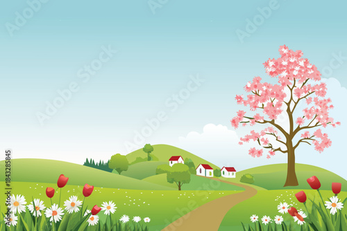 a peaceful landscape with rolling green hills a winding path and blossoming
