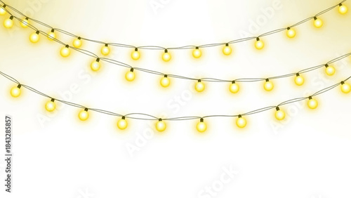 A festive and warm background featuring three parallel strands of illuminated yellow string lights. The lights are evenly spaced and create a soft glow against a gradient yellow backdrop.