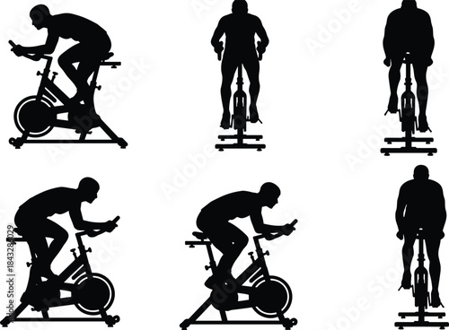 Black silhouette of a man cycling on a stationary spin bike, indoor fitness, cardio workout, training, exercise, gym, active.