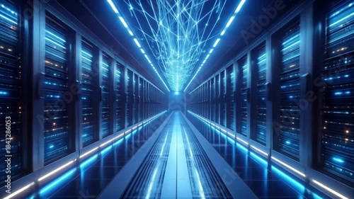 Data Center Server Room with Glowing Network