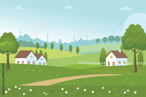 peaceful countryside landscape with green hills houses and wind turbines in the