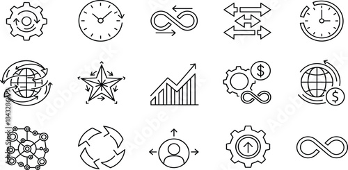 Set of business and finance line icons, time management, global strategy, growth chart, process gear, infinity symbol, networking, money concepts, vector illustration