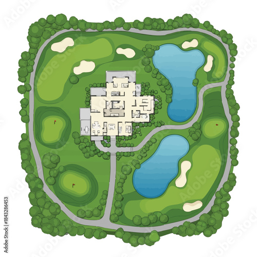 A detailed aerial view of a large golf course with multiple water hazards and surrounding greenery.