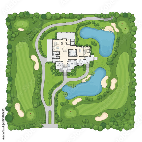 Aerial view of a luxurious modern mansion situated on a golf course with two ponds and manicured landscaping.