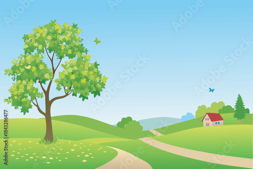 a serene landscape featuring a lush green tree and a quaint little