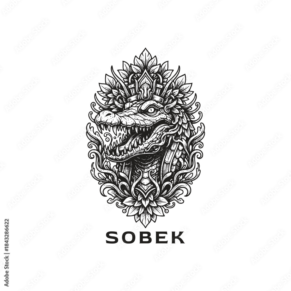 Fototapeta premium Intricate hand-drawn black and white illustration of the Egyptian crocodile god Sobek, featuring sharp teeth and a regal headdress, framed by ornate floral patterns in a symmetrical oval design