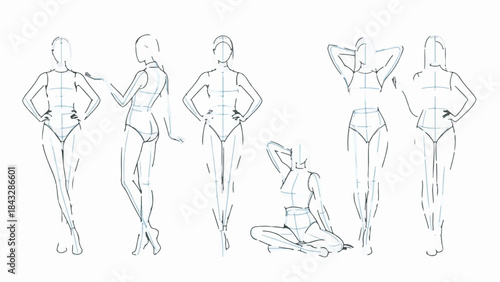 Hand drawn female fashion croquis sketches set for figure drawing and model poses