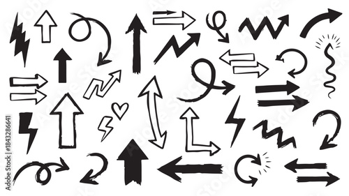 Collection of hand drawn arrows and lightning bolts on white background vector
