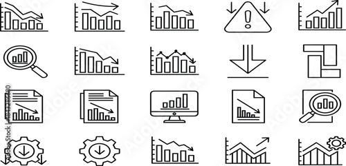 Vector line icon set featuring business analytics, financial decline charts, secure file management, office organization, and data protection symbols.