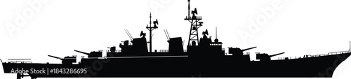 Black silhouette of a powerful naval warship, possibly a destroyer or cruiser, representing military strength, national defense, maritime power, and sea warfare technology.