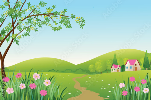 a picturesque landscape featuring rolling green hills a quaint house and blossoming