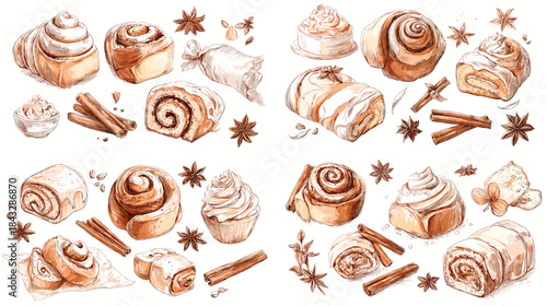 Watercolor cinnamon pastry illustration collection with rolls buns and spices in warm tones ideal for bakery branding dessert menus seasonal decor and cozy food artwork.